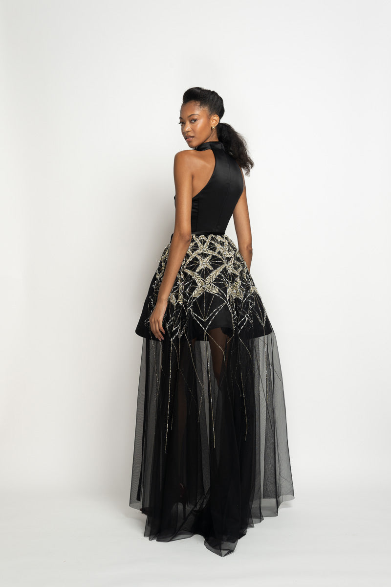 Onyx Double Face Duchess Satin Halter Dress with Bell Skirt and Sitara Embroidered Tulle Pareo 4
