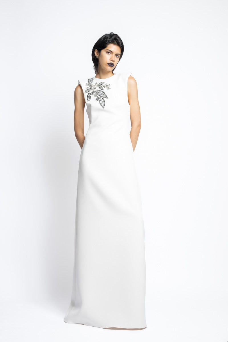 Bay Leaf Sequin And Crystal Embroidery Cady Gown With Sharp Shoulders 3