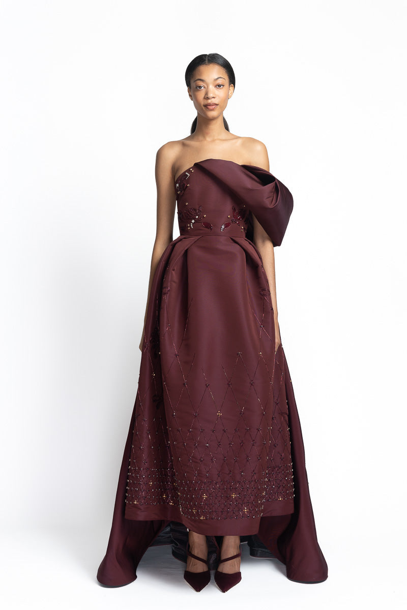 Claret Faille Gown with Noor-Jaal Embroidery Front