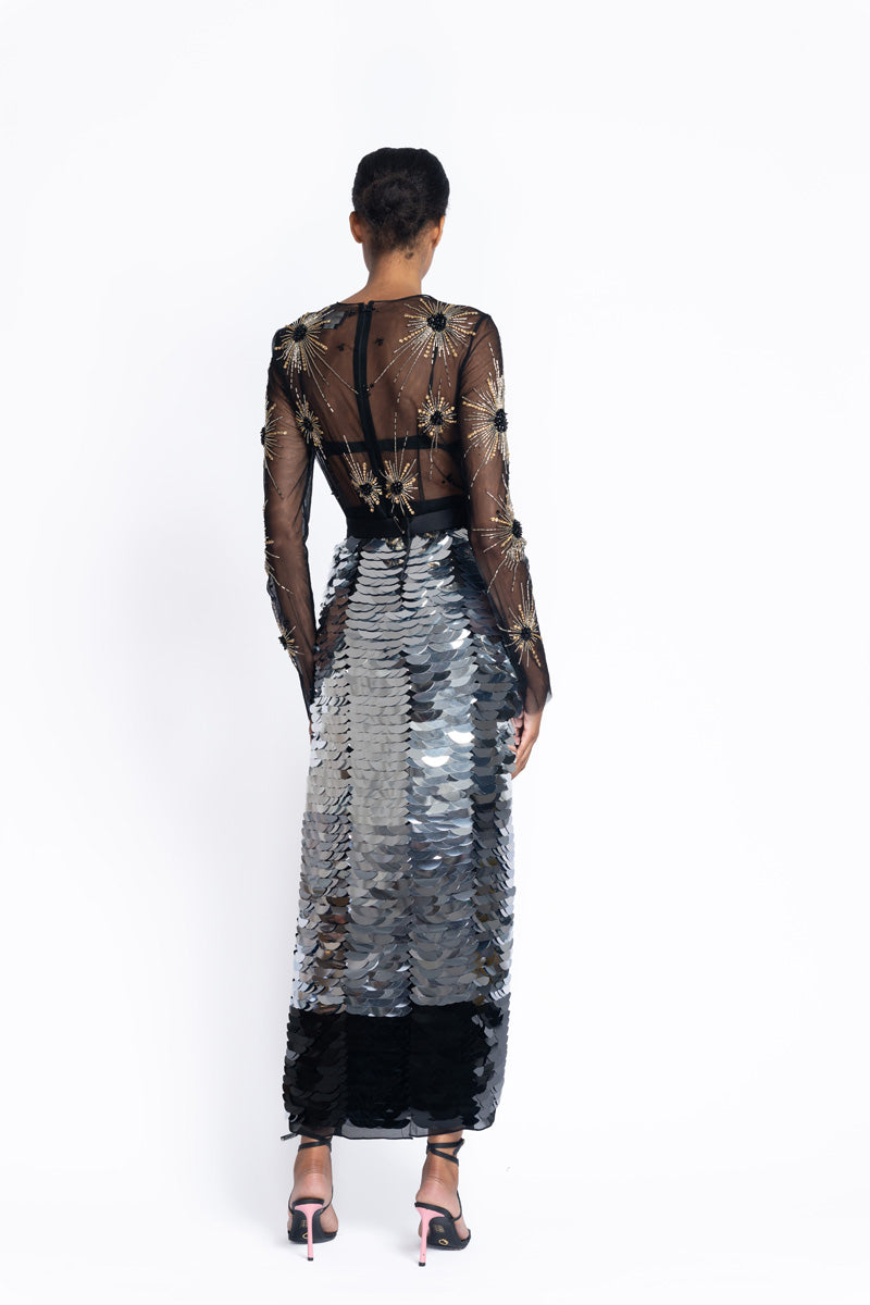 Silver to Onyx Wave Embroidered Column Skirt 5