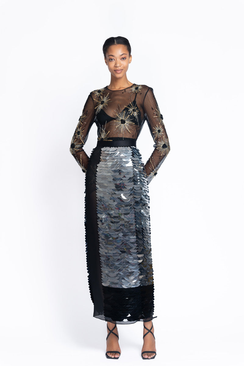 Silver to Onyx Wave Embroidered Column Skirt 2