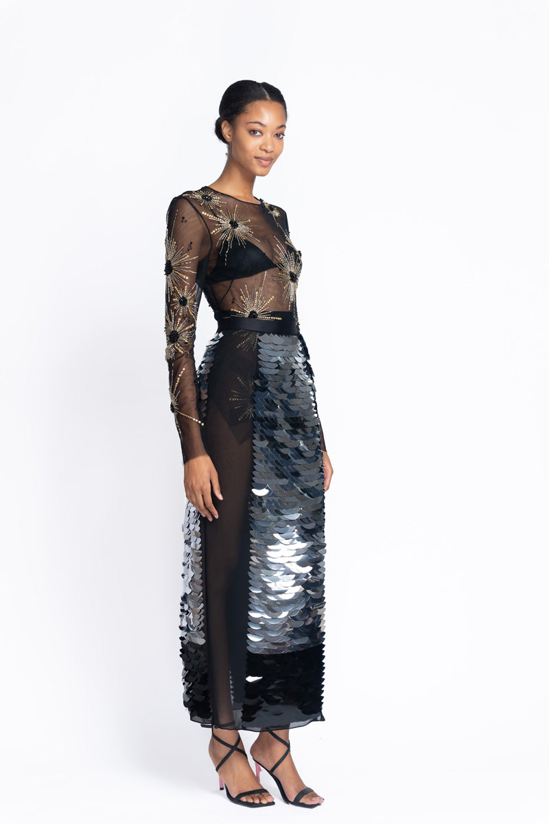 Silver to Onyx Wave Embroidered Column Skirt 3
