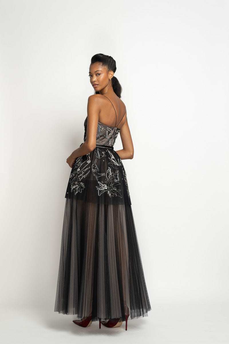 Lata Embroidered Onyx Tulle Gown with Bell Skirt and Tulle Underskirt 4