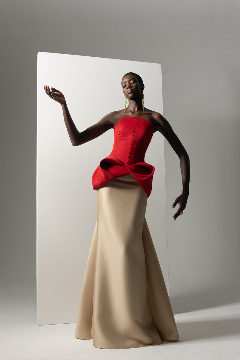 Almond Gazaar Column Skirt with Train Front Runway