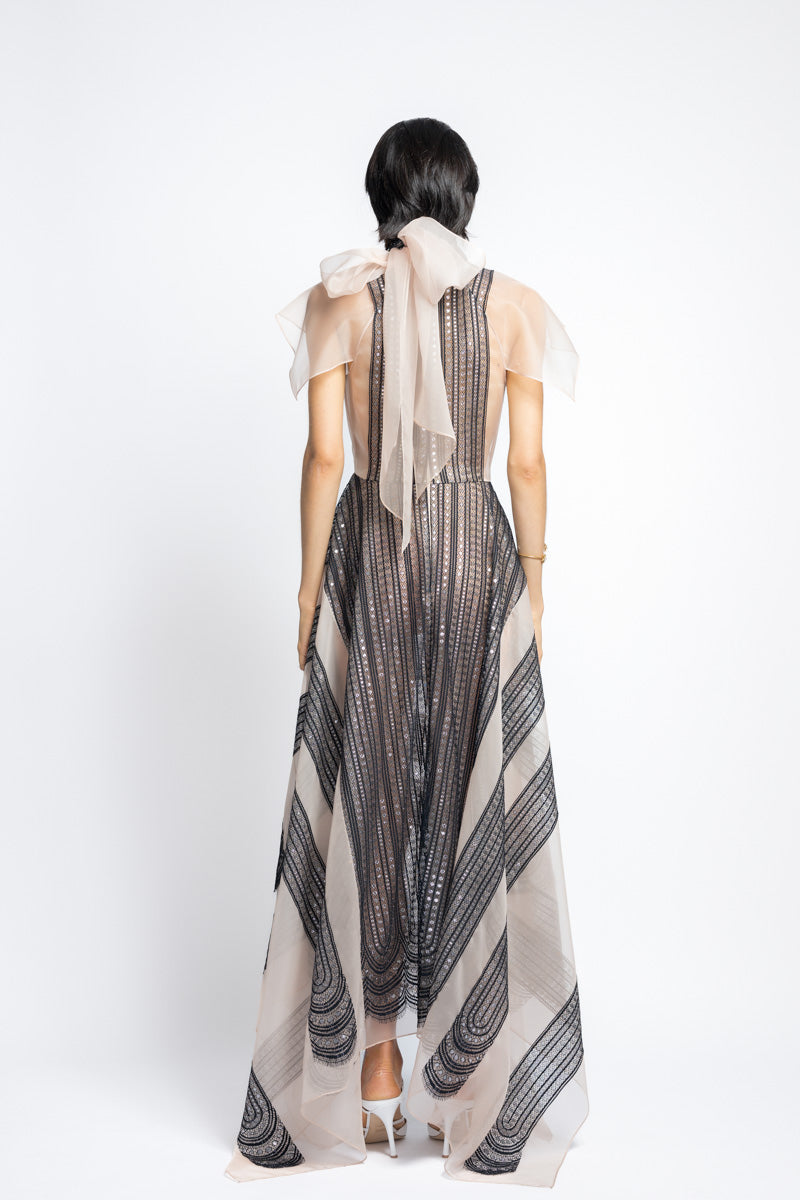 Metallic Nailhead Lace and Organza Dress With Bow 6