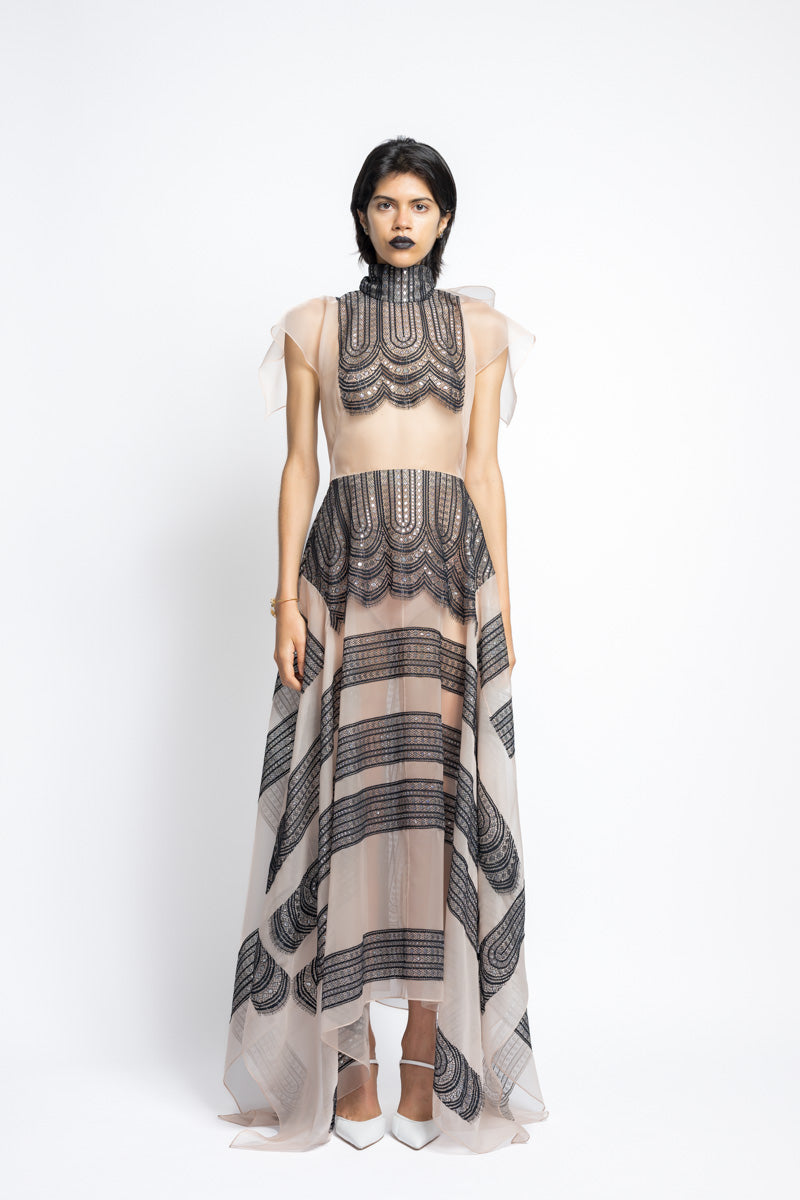 Metallic Nailhead Lace and Organza Dress With Bow 2