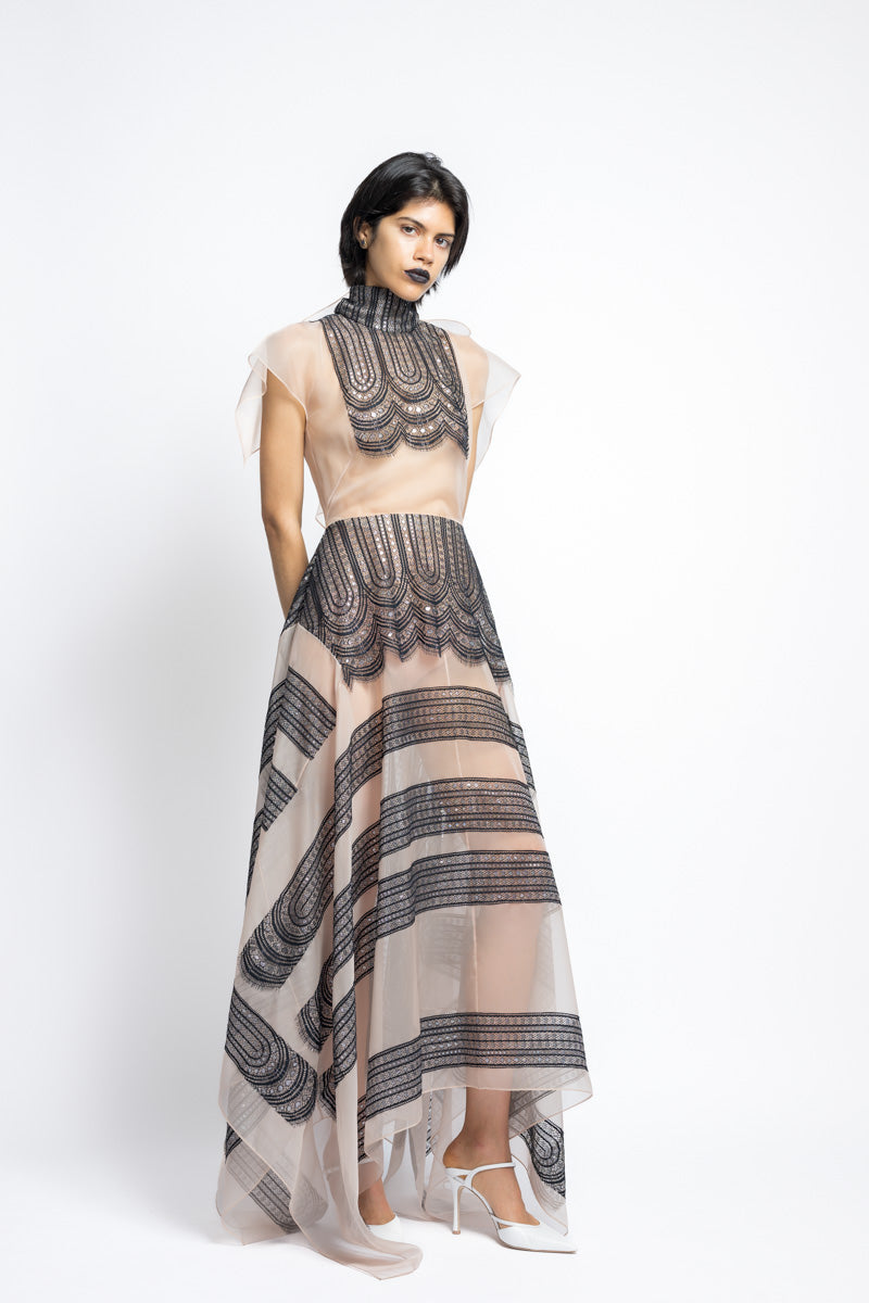 Metallic Nailhead Lace and Organza Dress With Bow 4