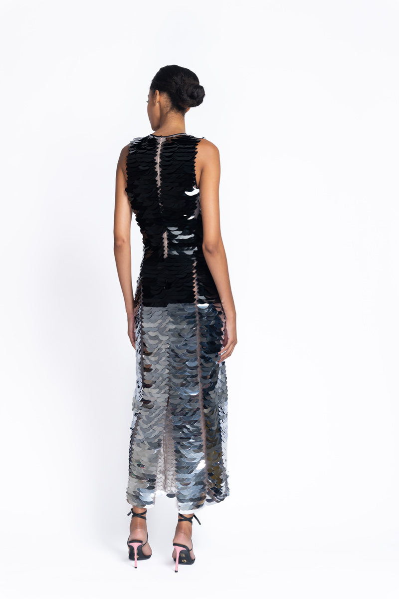 Onyx To Silver Wave Embroidered Tulle Sheath Dress 5