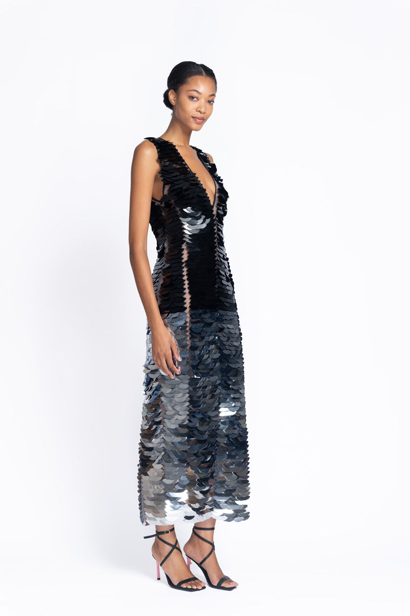 Onyx To Silver Wave Embroidered Tulle Sheath Dress 3