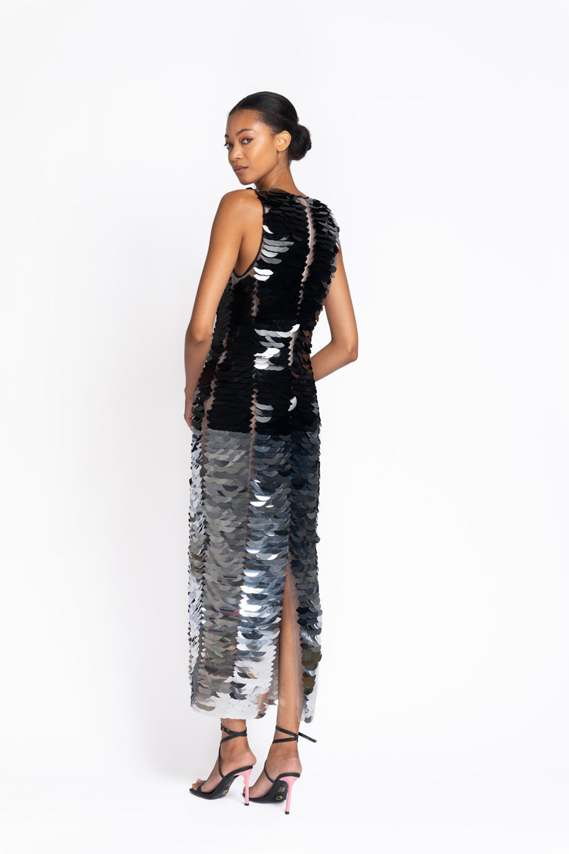 Onyx To Silver Wave Embroidered Tulle Sheath Dress 4