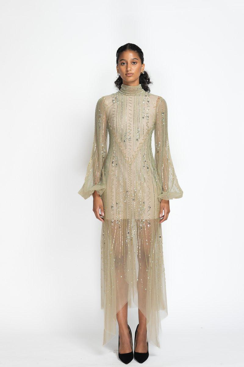 Seafoam Green Soft Tulle Cocktail Dress with Monsoon Light Embroidery