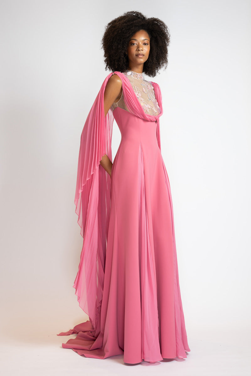Camellia Crepe And Chiffon Gown With Glass Petal Embroidery Bodice 3