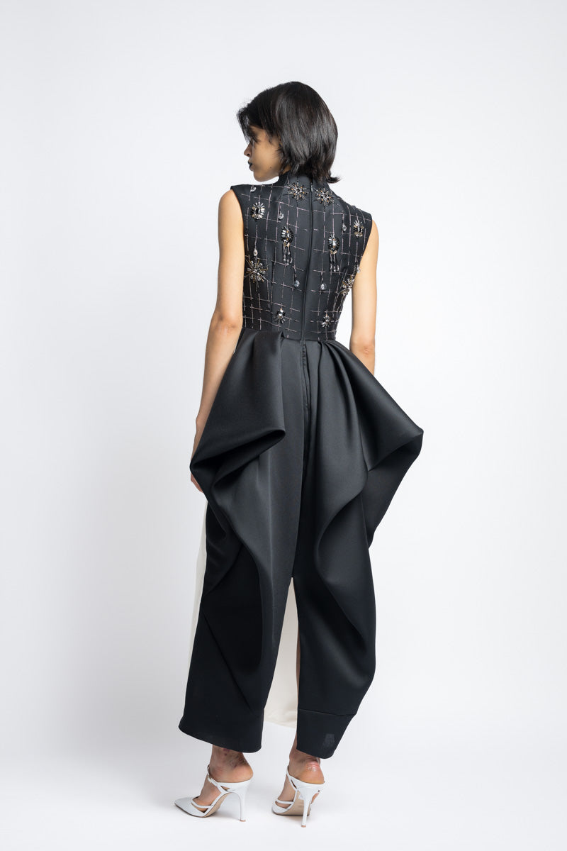 Color Blocked Gazar Cocktail Dress With Morning Glory Lattice Crystal Embroidery And Draped Back Skirt 6