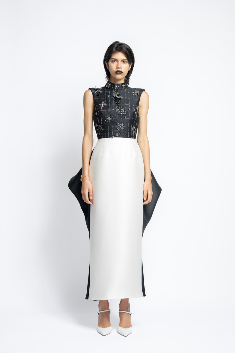 Color Blocked Gazar Cocktail Dress With Morning Glory Lattice Crystal Embroidery And Draped Back Skirt 2