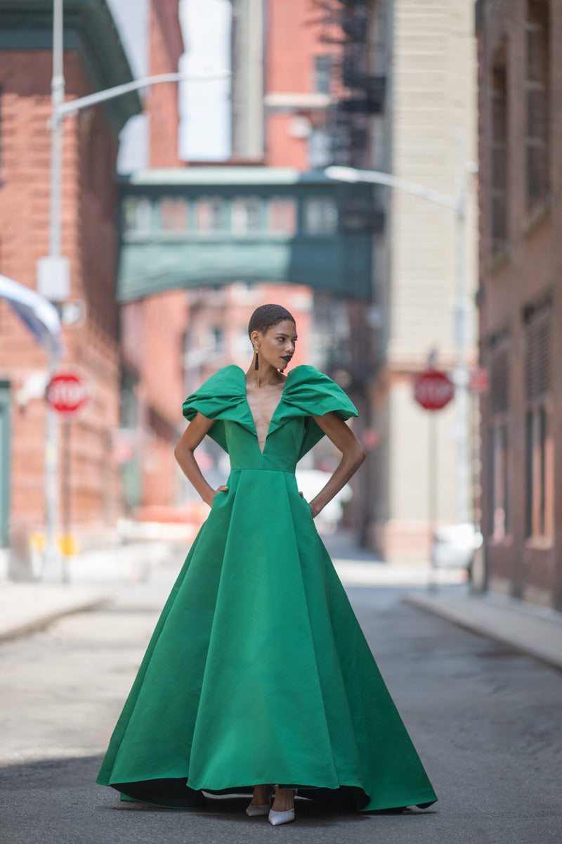 Faille Inverted Pleated Gown With Draped Petal Wings Faille Inverted Pleated Gown With Draped Petal Wings