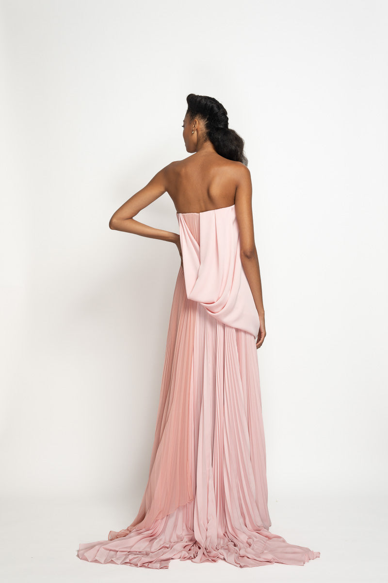 Blossom Satin Crepe Strapless Sari Gown with Pleated Pallu Train 5