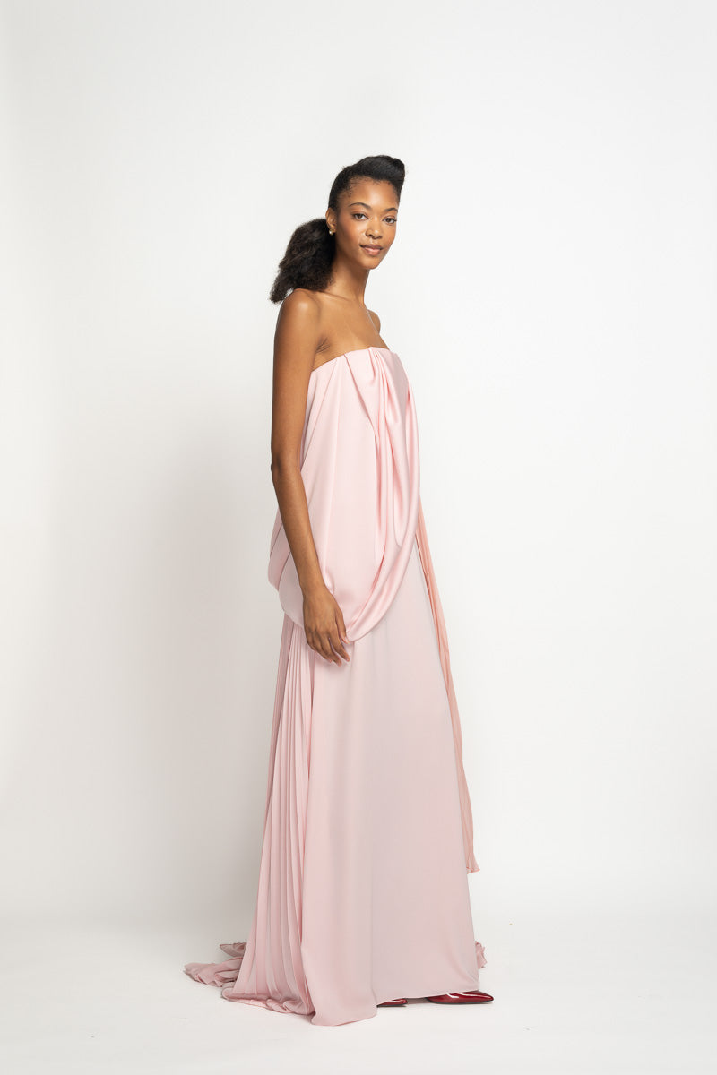 Blossom Satin Crepe Strapless Sari Gown with Pleated Pallu Train 3
