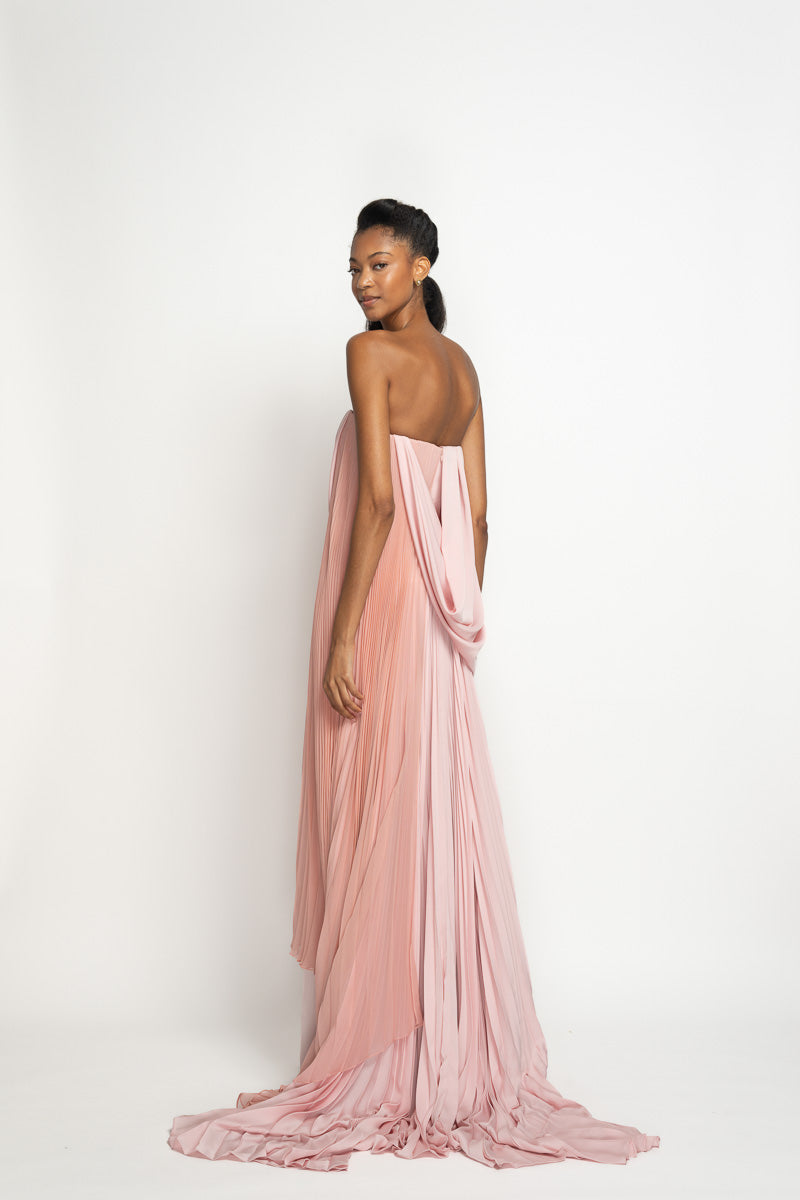 Blossom Satin Crepe Strapless Sari Gown with Pleated Pallu Train 4