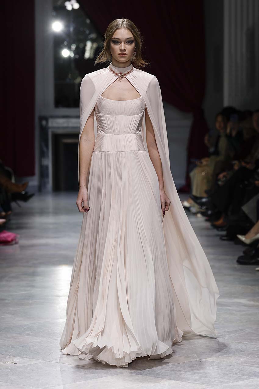 Rose Silk Chiffon Hand-Pleated Gown with Shoulder Cape Front Runway