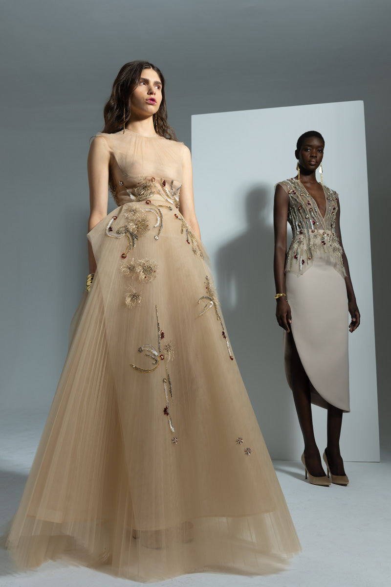 Sand Crystal Radicle Embroidered Pleated Tulle Gown with Apron Drape Front Runway