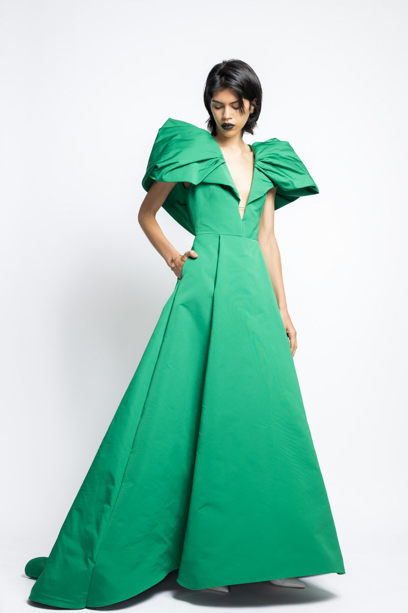 Faille Inverted Pleated Gown With Draped Petal Wings 4