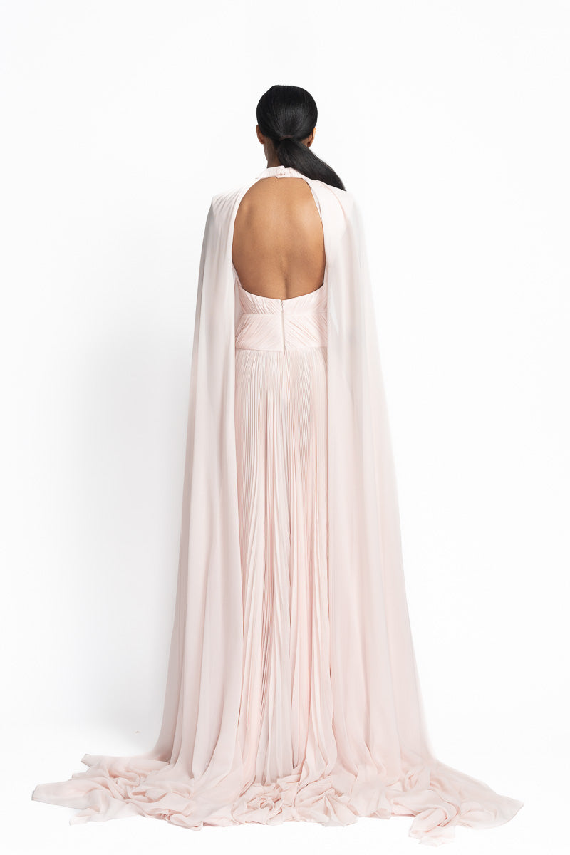Rose Silk Chiffon Hand-Pleated Gown with Shoulder Cape Back
