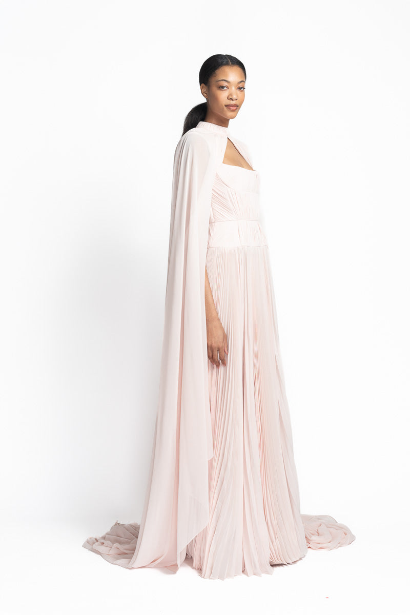 Rose Silk Chiffon Hand-Pleated Gown with Shoulder Cape Side One