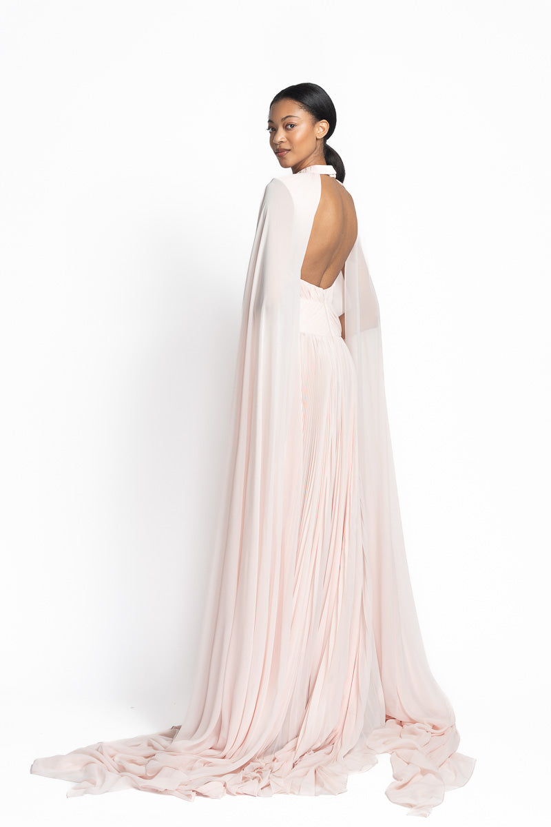 Rose Silk Chiffon Hand-Pleated Gown with Shoulder Cape Side Two