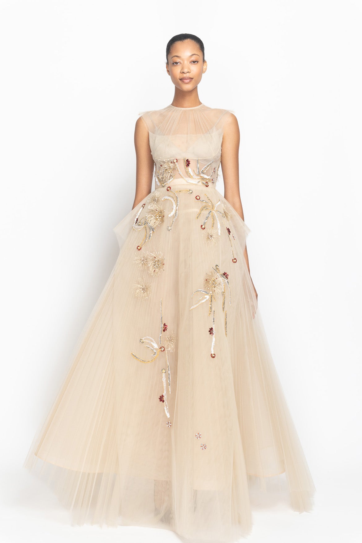 Sand Crystal Radicle Embroidered Pleated Tulle Gown with Apron Drape Front