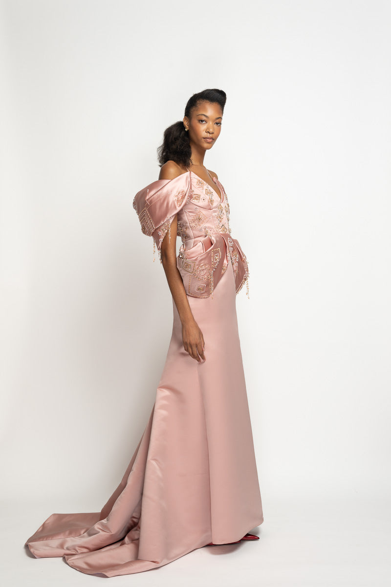 Blossom Double Face Duchess Satin Gown with Alpana Embroidery and Moulding Details 3