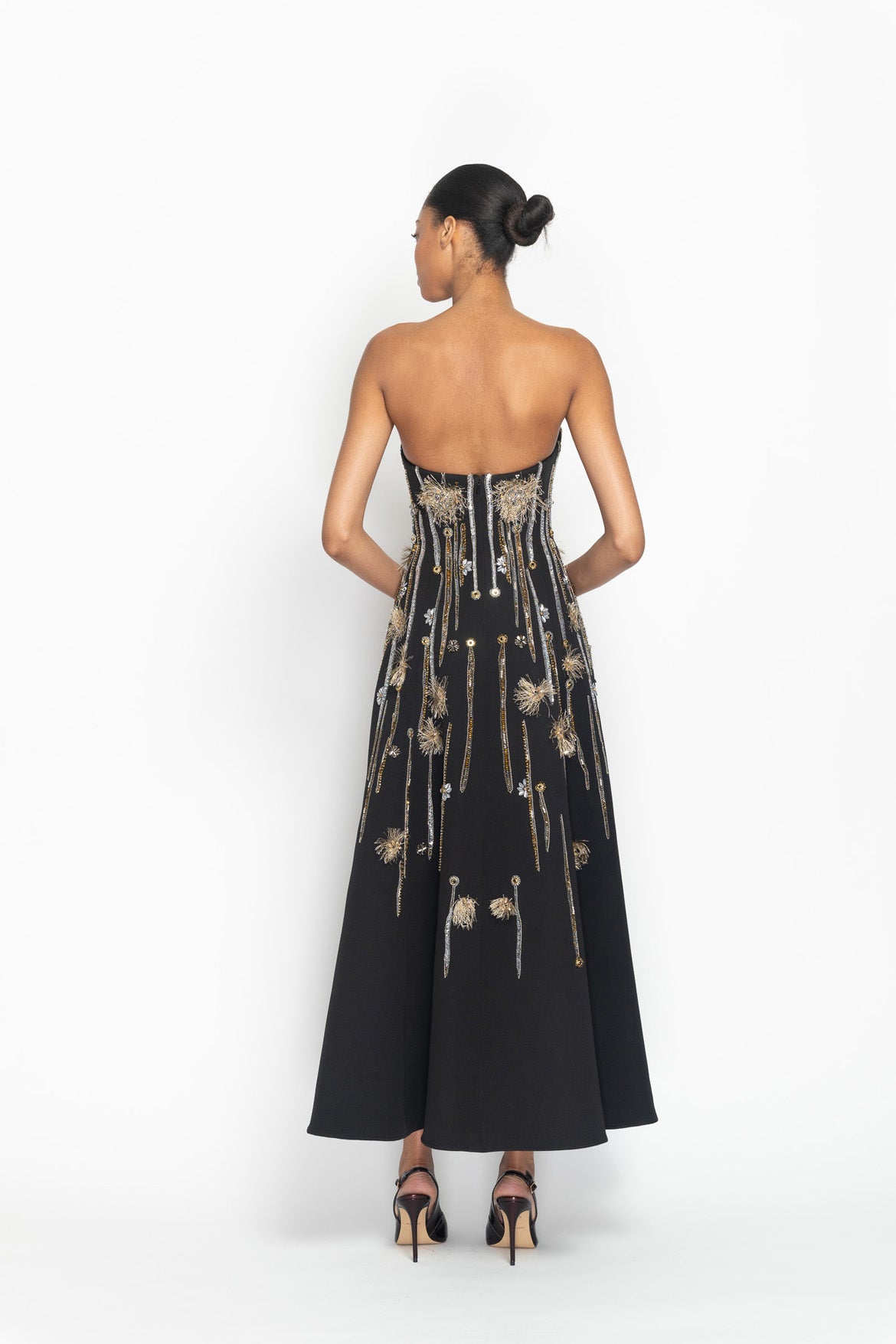 Onyx Cady Crystal Radicle Embroidered Strapless Cocktail Dress Back