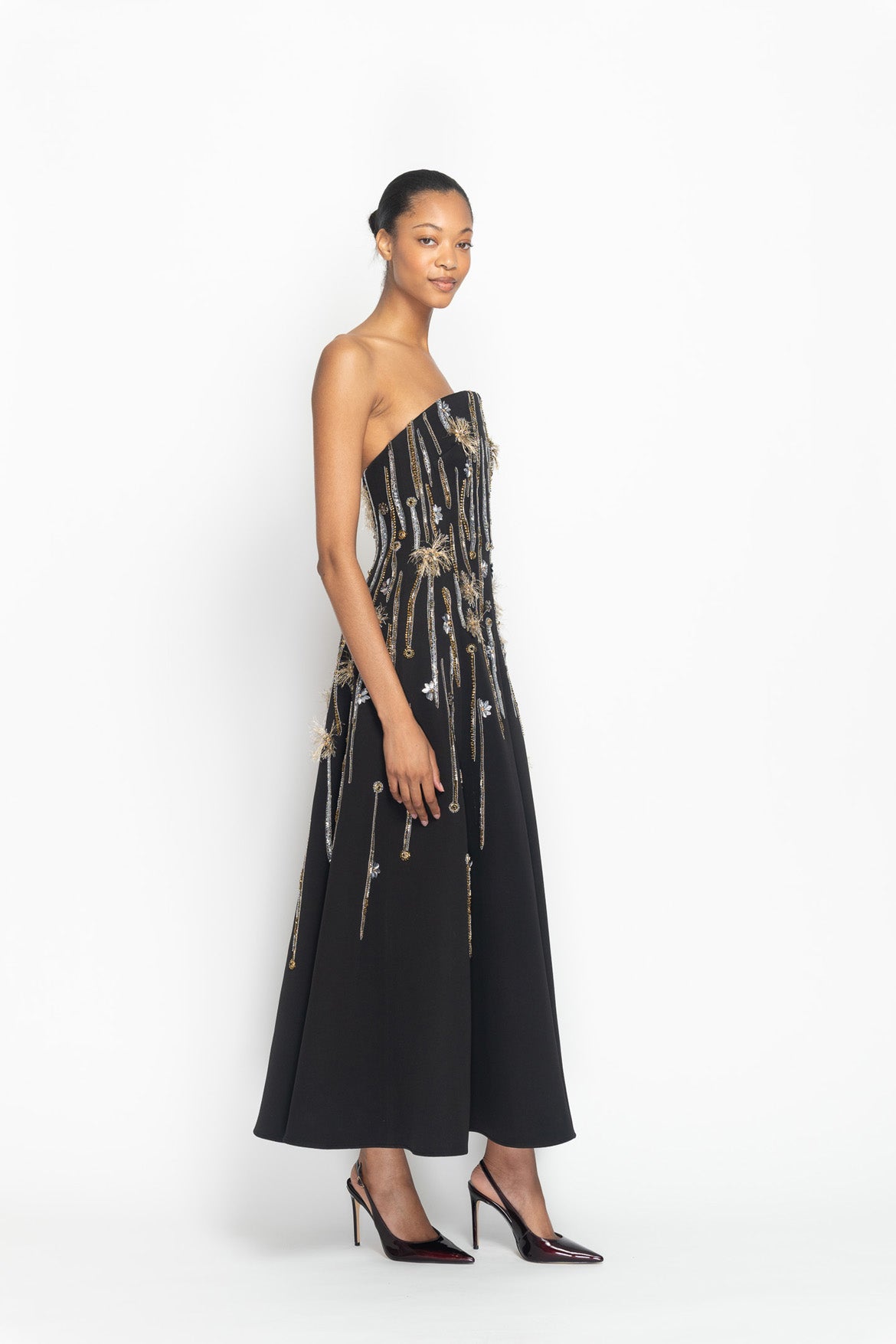 Onyx Cady Crystal Radicle Embroidered Strapless Cocktail Dress Side One