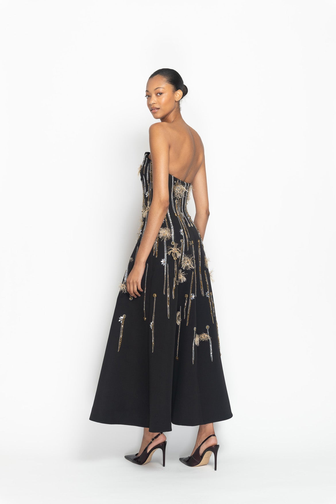 Onyx Cady Crystal Radicle Embroidered Strapless Cocktail Dress Side Two