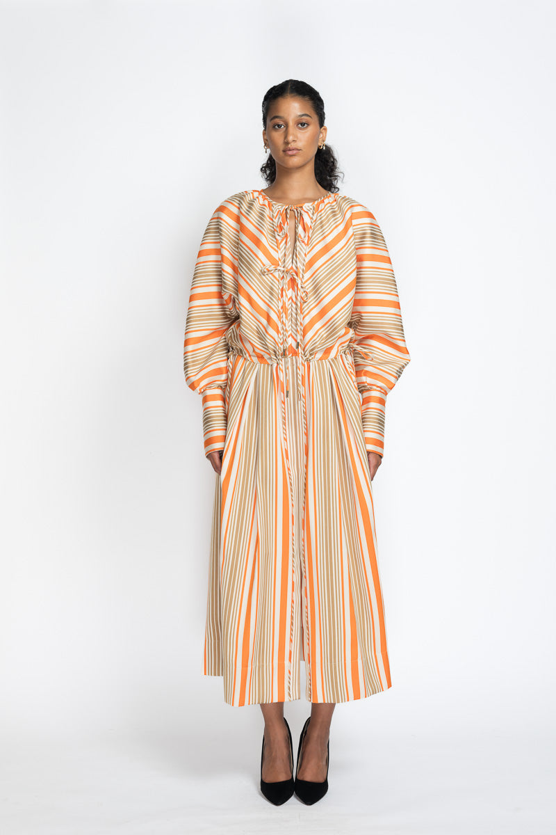Striped Twill Kimono Tunic Dress with Bow Tie Details