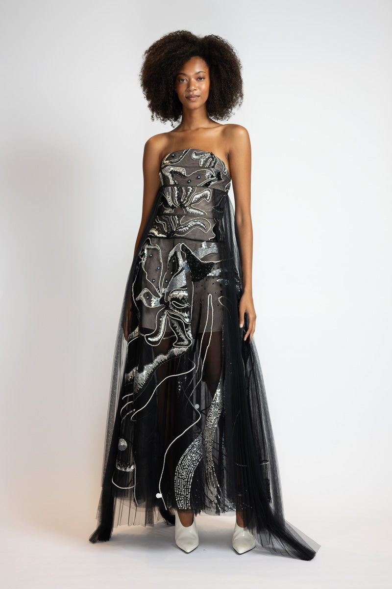 Black Rhyme Embroidered Tulle Strapless Evening Dress 3