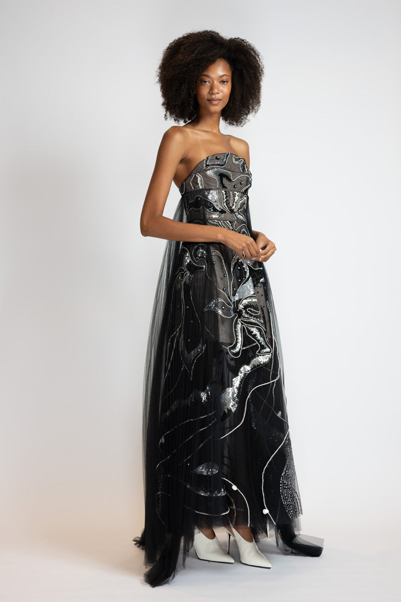 Black Rhyme Embroidered Tulle Strapless Evening Dress 4