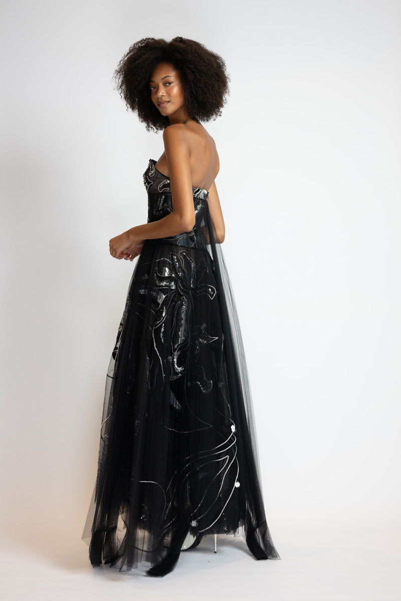 Black Rhyme Embroidered Tulle Strapless Evening Dress 5