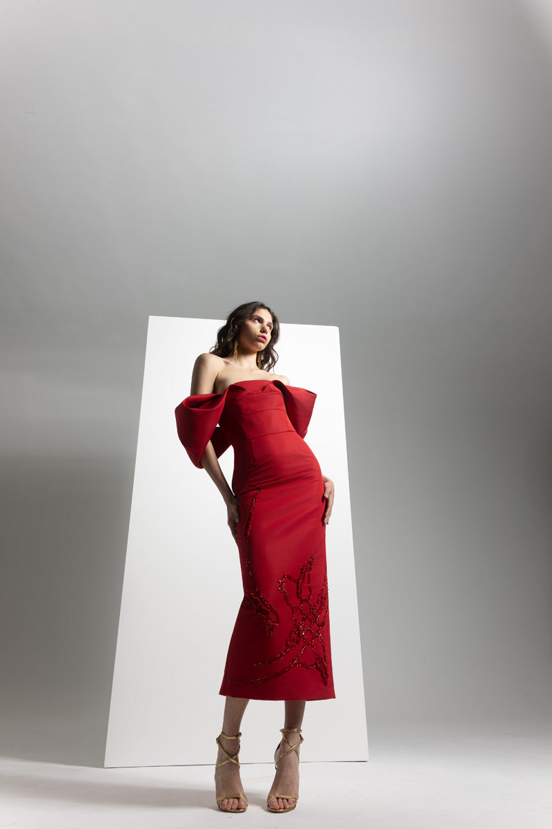 Sindoor Faille Hex Weave Embroidered Dress with Draped Bodice Front Runway