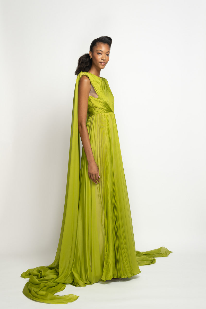 Parrot Silk Mousseline Gown with Pleated Inserts and Double-Pallu Train 3