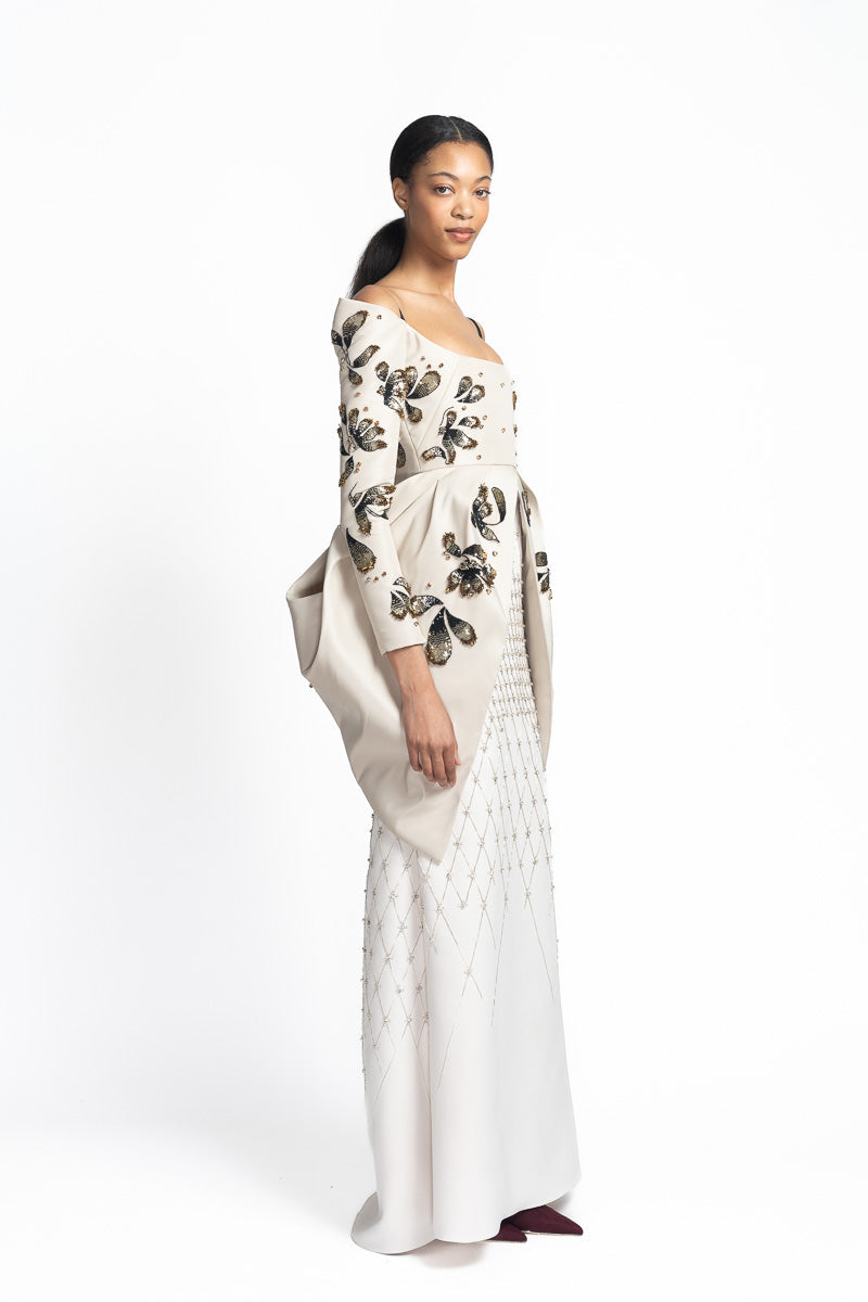 Stone Faille and Cady Gown with Noor-Jaal Embroidery and Petal Drapes Side One
