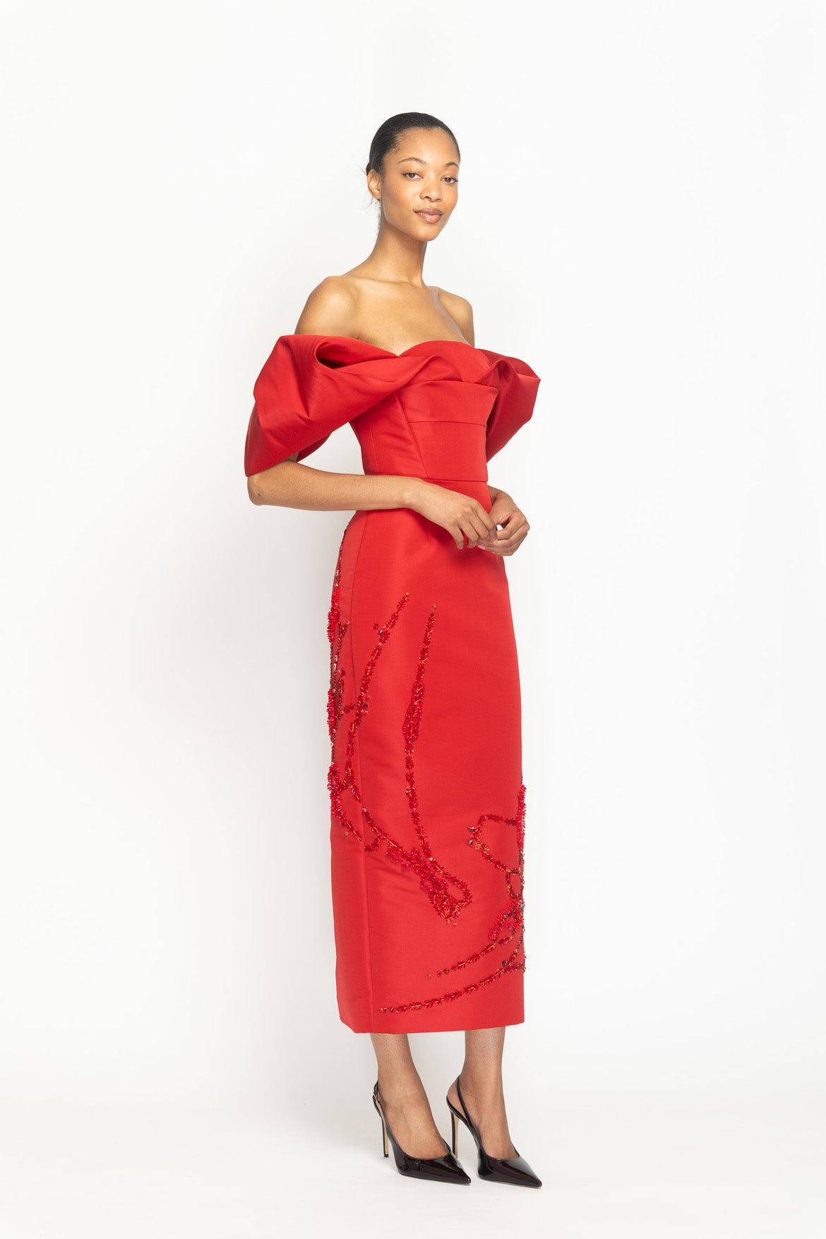 Sindoor Faille Hex Weave Embroidered Dress with Draped Bodice Side One