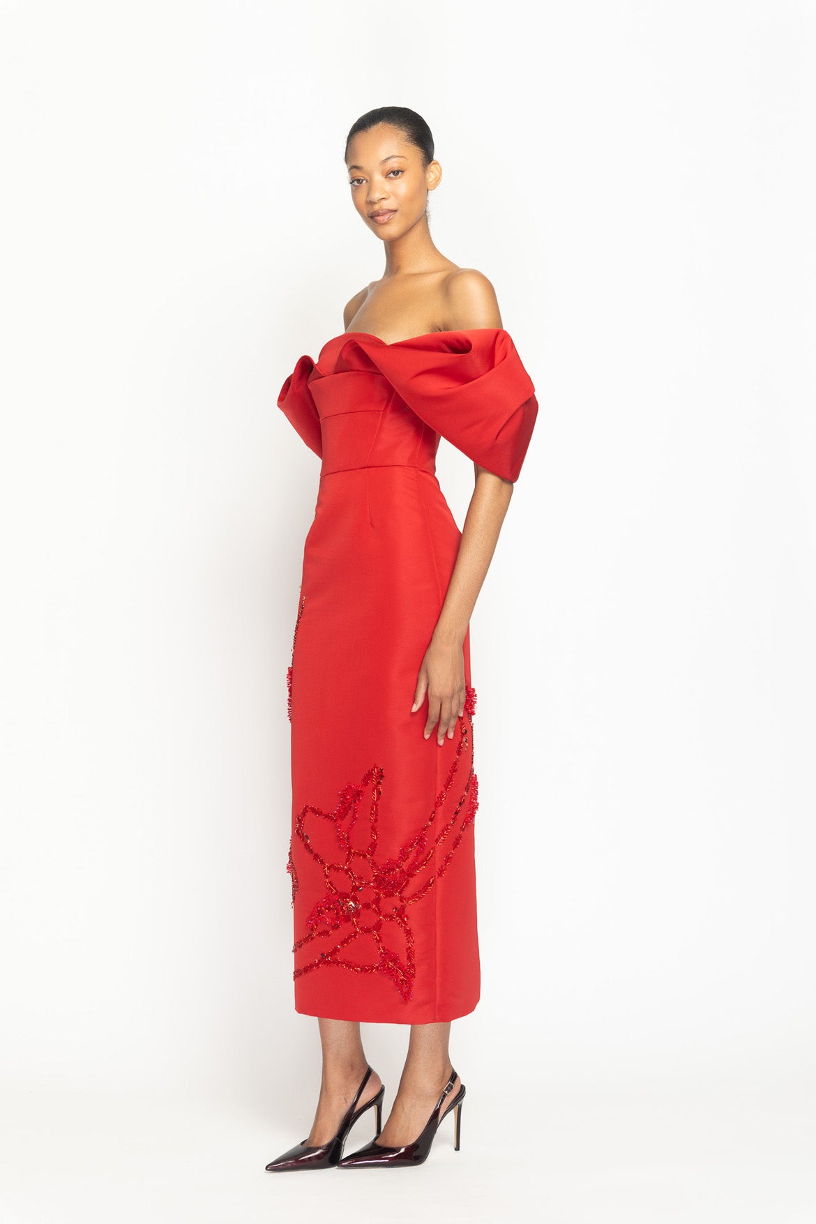 Sindoor Faille Hex Weave Embroidered Dress with Draped Bodice Side Two