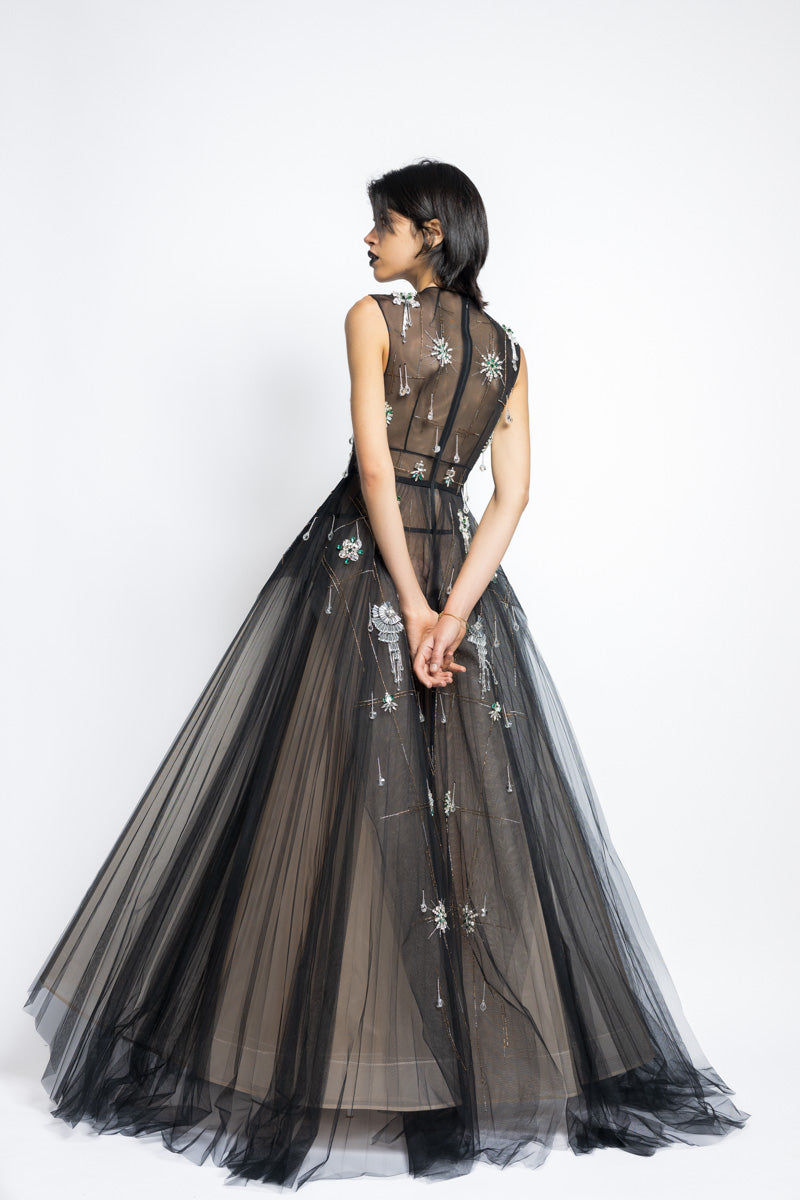 Tulle Morning Glory Lattice Crystal Embroidery Gown With Pleated Ball Skirt 7