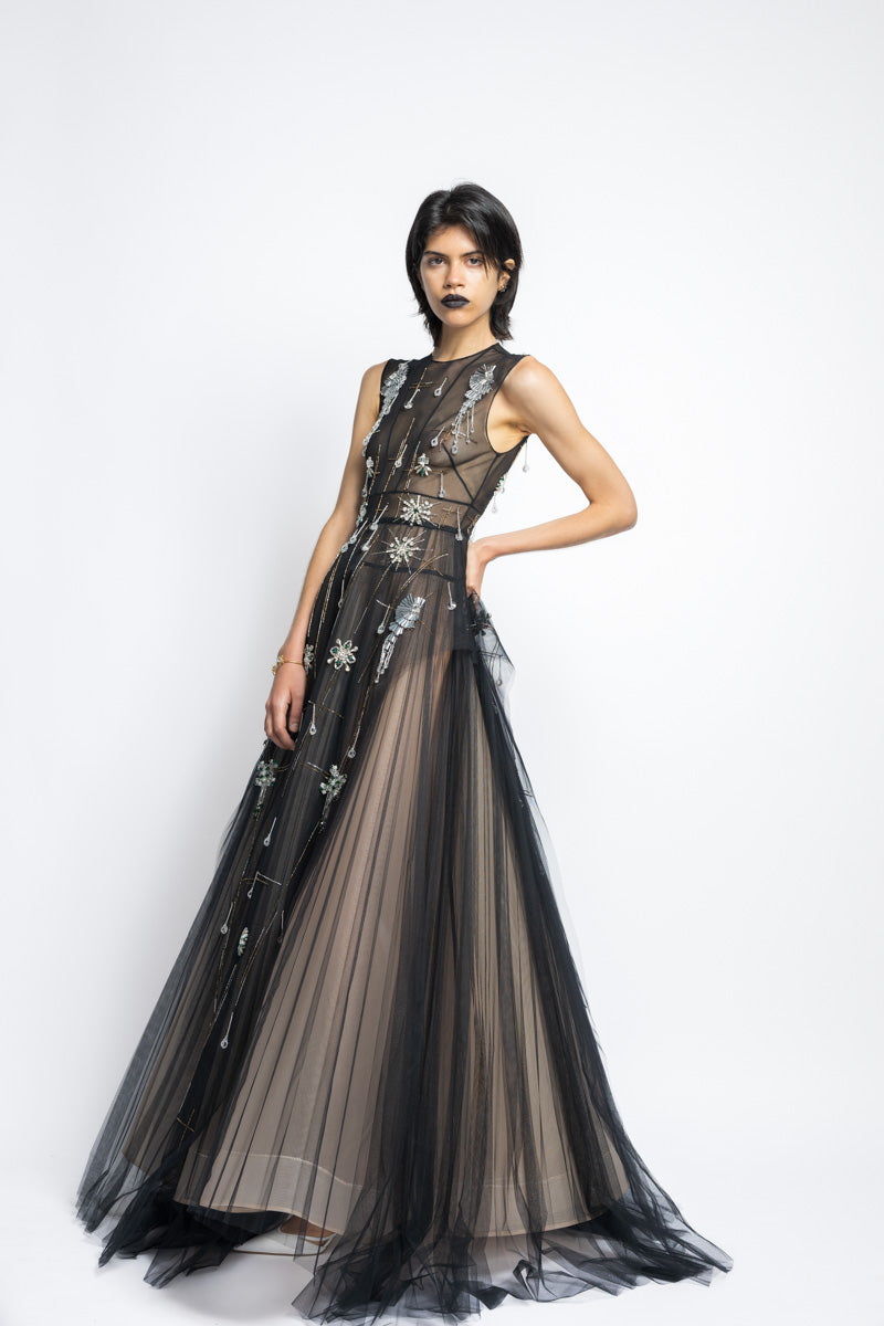 Tulle Morning Glory Lattice Crystal Embroidery Gown With Pleated Ball Skirt 5