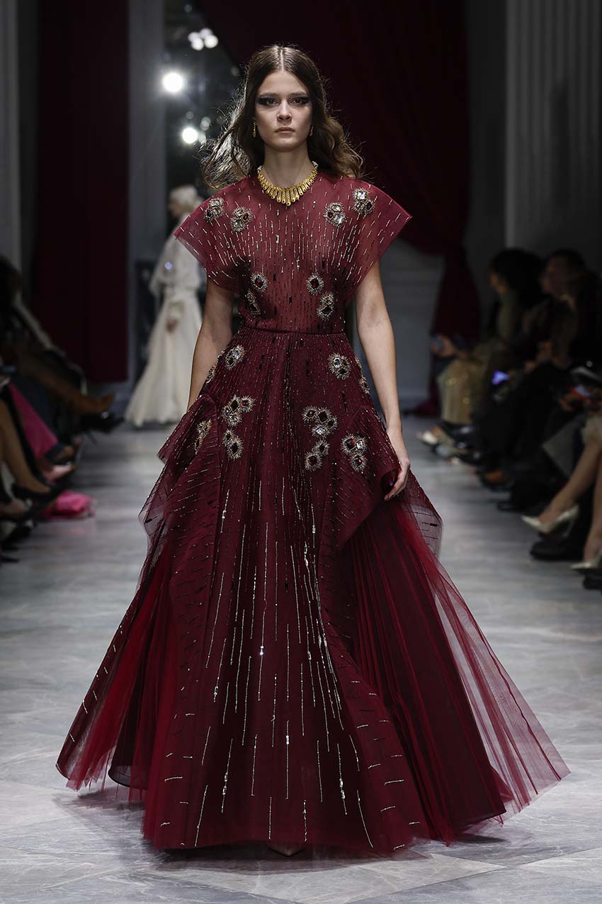Claret Tulle Gown with Chakra Embroidery Front Runway
