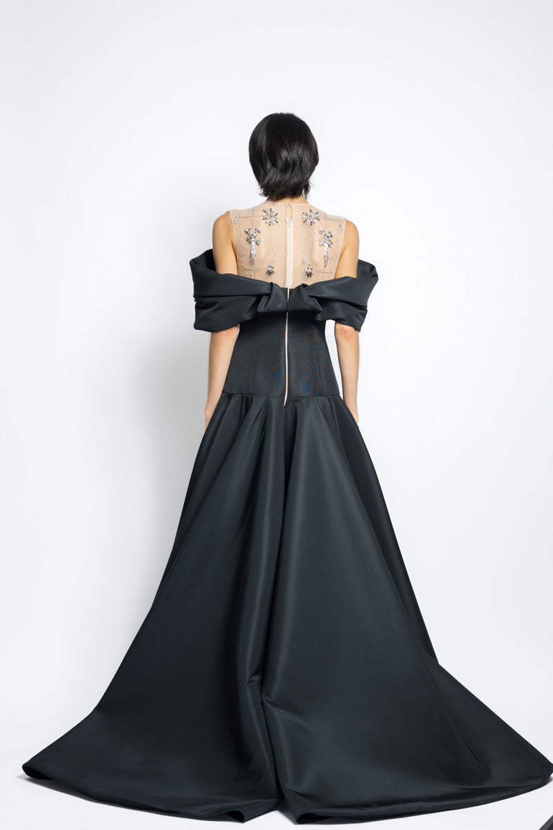 Faille Gown With Column Train Skirt And Starburst Crystal Embroidery With Petal Drape 6