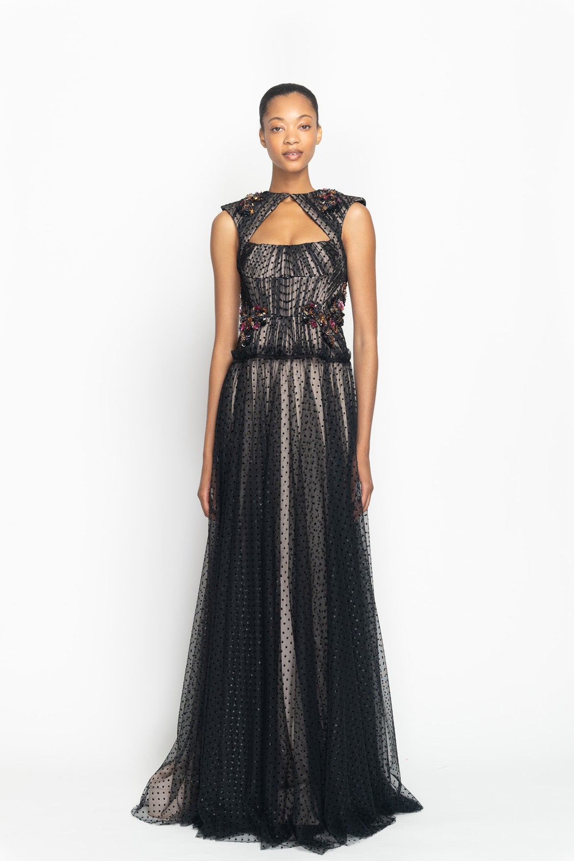 Onyx Point d’Esprit Hand Pleated Gown with Bodice Cutout Front