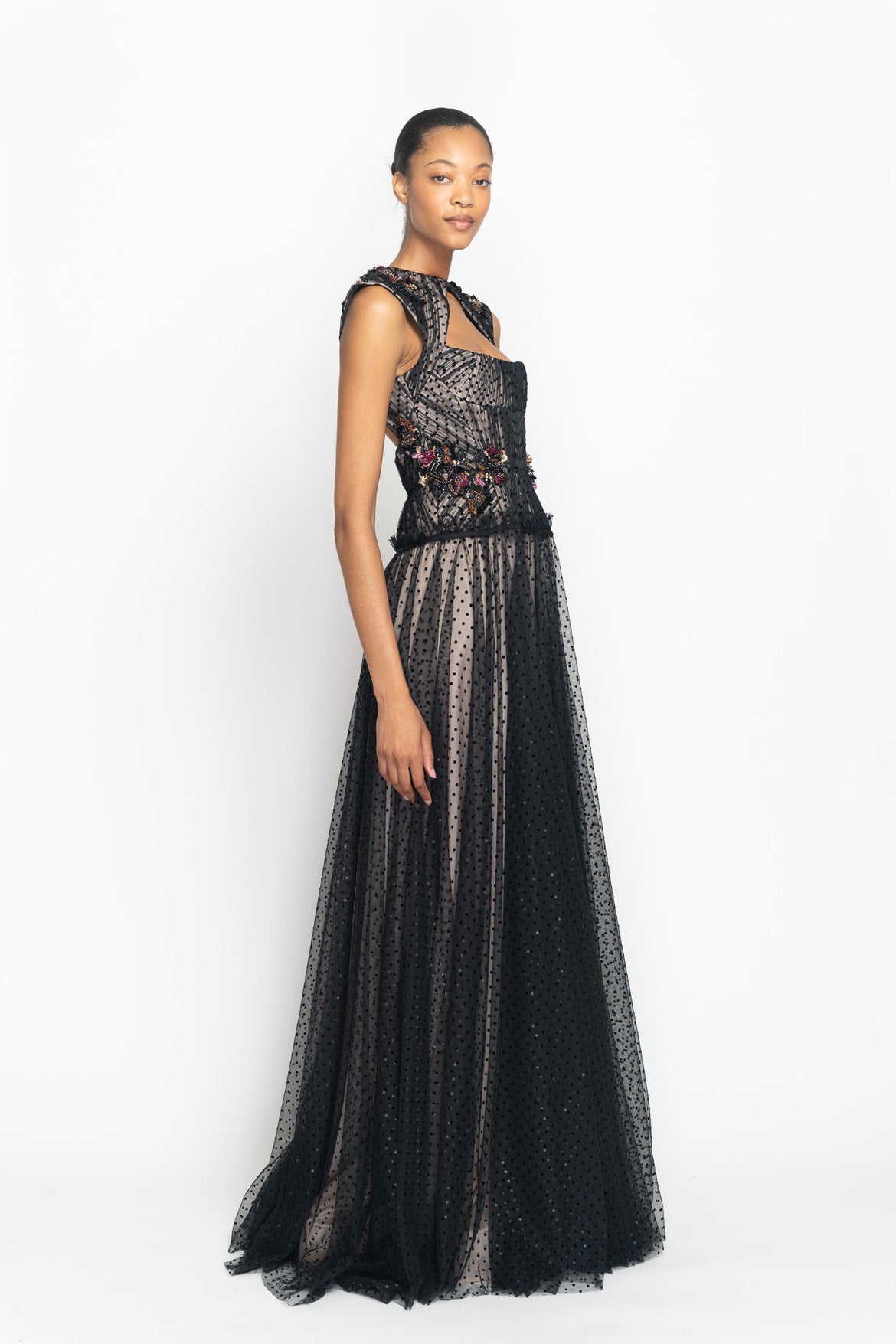 Onyx Point d’Esprit Hand Pleated Gown with Bodice Cutout Side One