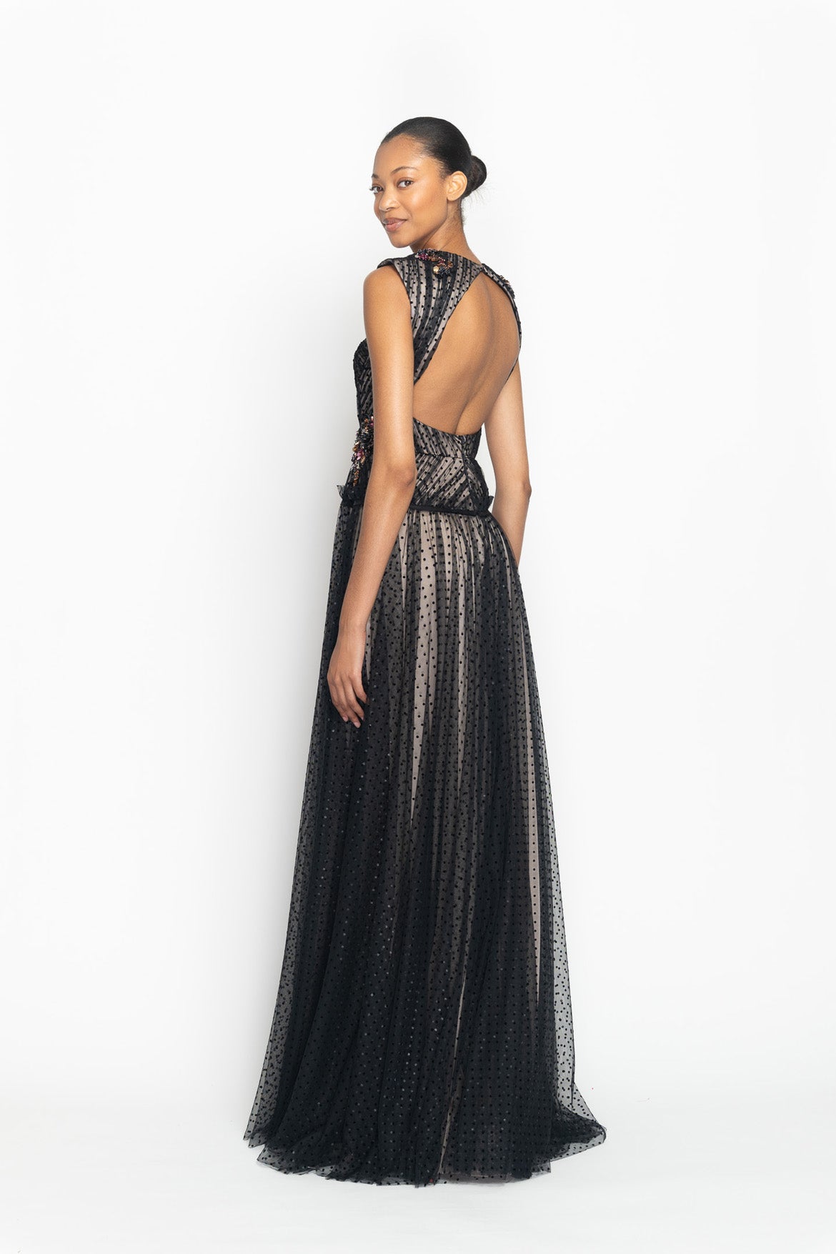 Onyx Point d’Esprit Hand Pleated Gown with Bodice Cutout Side Two