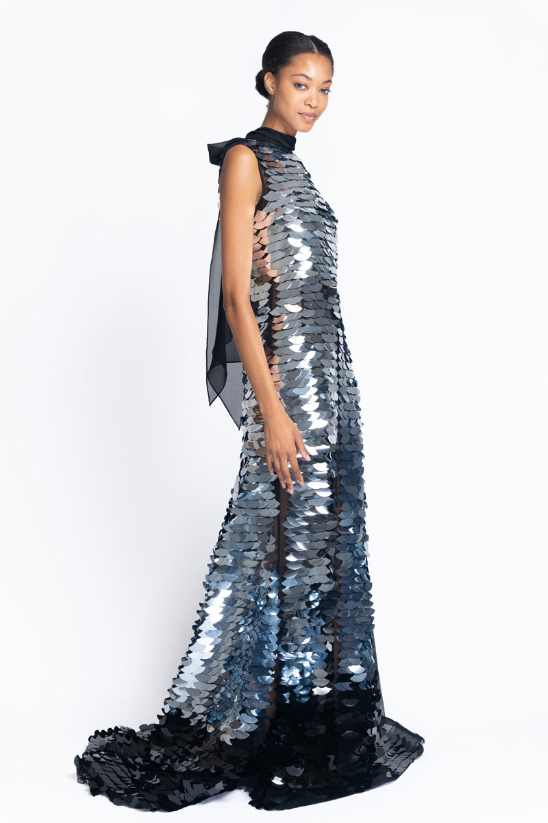 Silver To Onyx Wave Embroidered Tulle Gown 3